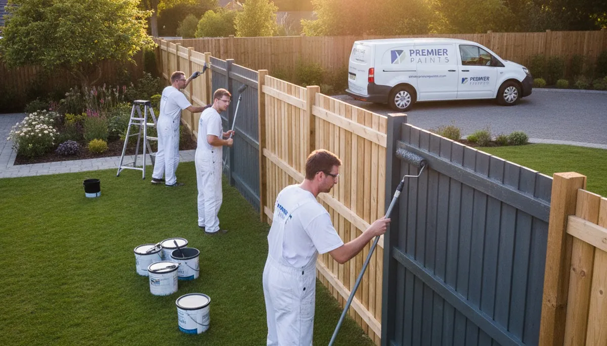 Professional fence painters staining wood fence in Wellesley MA for lasting weather protection