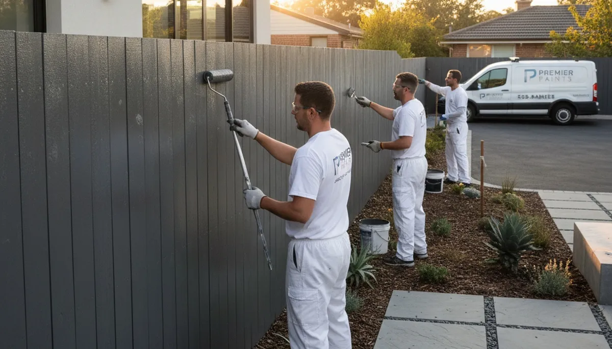 Professional fence painters staining wooden fence in Wellesley, MA for lasting curb appeal