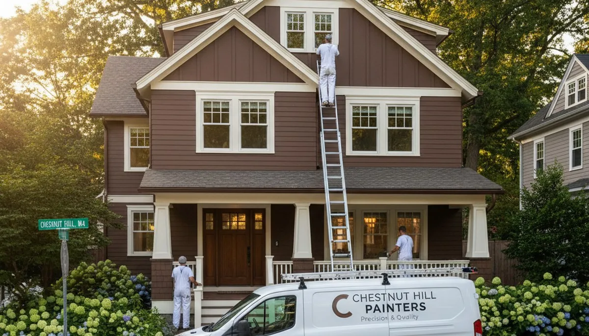 Professional house painters in Wellesley MA applying fresh exterior paint to a residential home