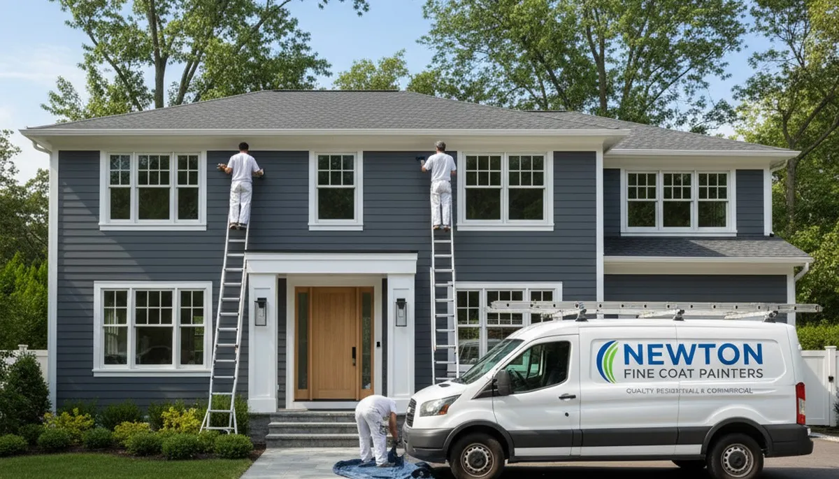 Professional house painters working on a residential exterior in Wellesley, MA