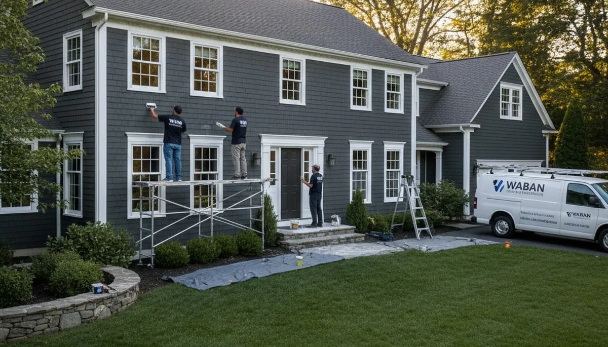 Professional house painters working on exterior home painting in Wellesley MA