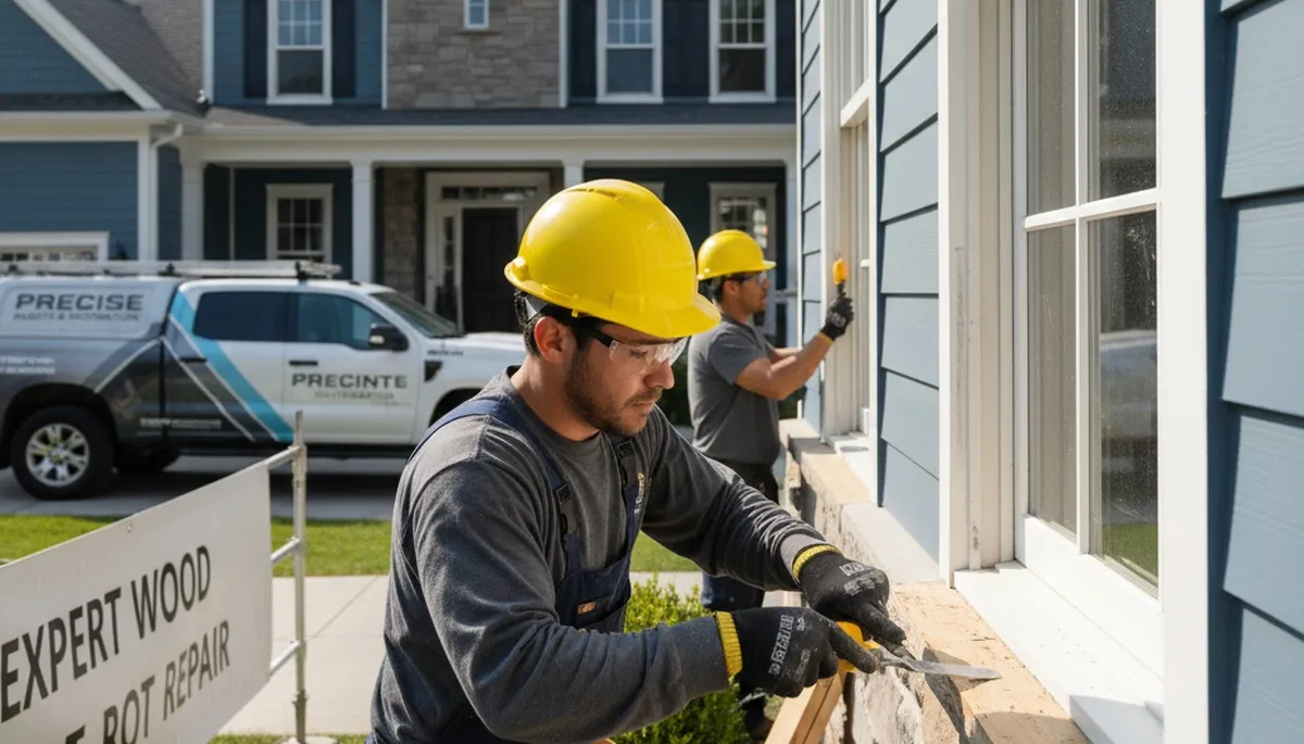 Professional wood rot repair on home siding by expert painters in Wellesley, MA